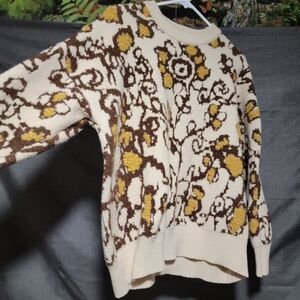 VINTAGE! Wool BlendCozy Floral-Pattern Crewneck Sweater - Cream, Brown & Mustard